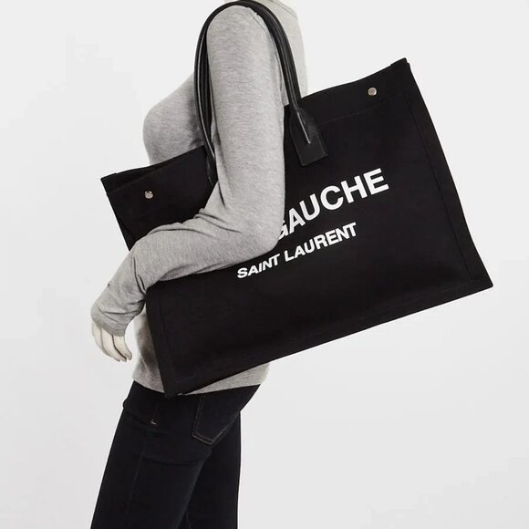 Yves Saint Laurent Black Linen And Leather Rive Gauche Tote Bag - Picture 8 of 10